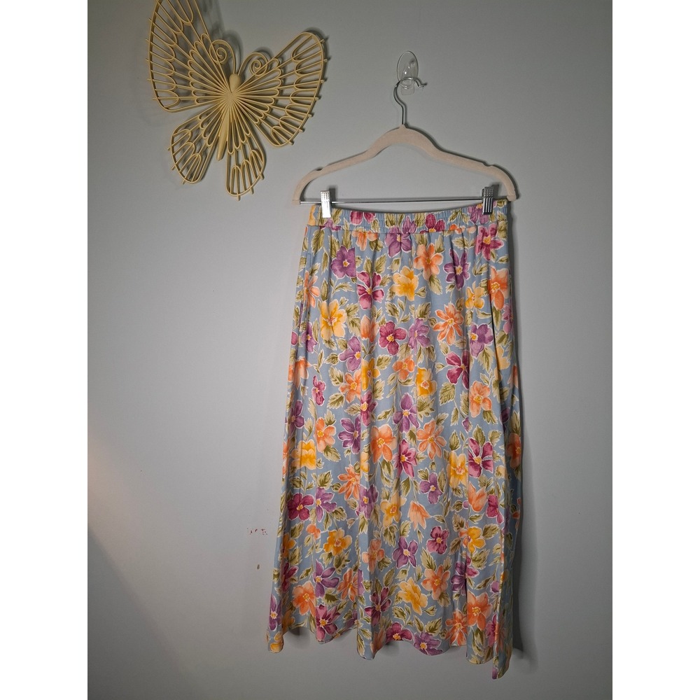 Talbots Vintage Floral Midi Skirt Blue Cotton Elastic Waist Pockets Womens Med